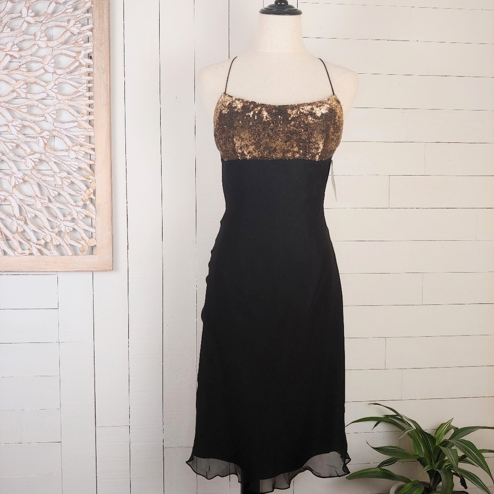 Scala Black Cocktail Dress with Gold Sequin Top Size S